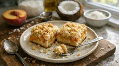 Crumble cake al cocco e pesche: la torta soffice con sopra una crosticina friabile